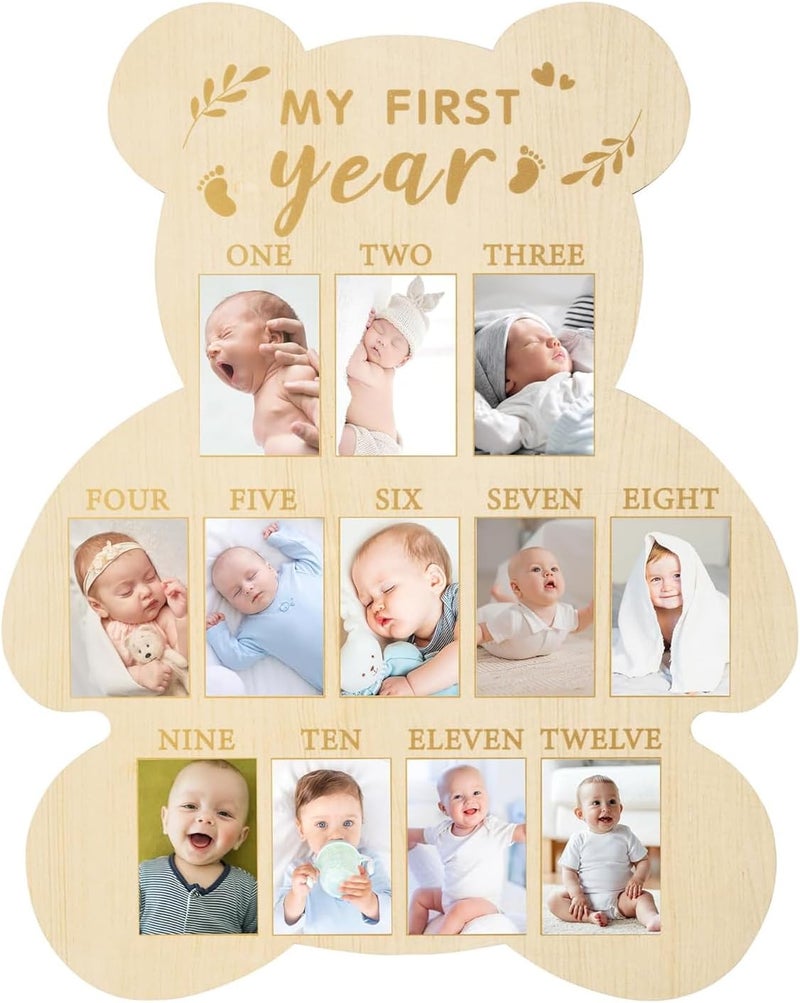 FLhdM My First Year Photo Frame Board, 1st Birthday Girl Boy Gifts, Newborn Newmom Gift, 1 Year Old Girls Gifts, One Year Birthday Party Decorations, Baby Shower Baptism Favors, 12 Months Milestone - Image 1